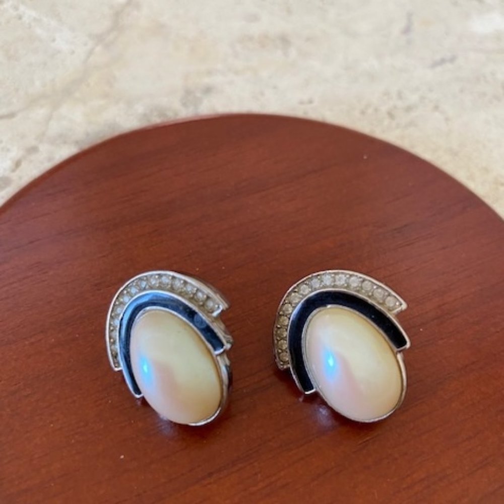 VTG GIVENCHY Paris New York Silver Pearl Rhinestone EARRINGS